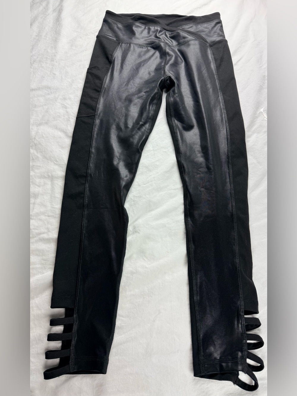 High-Rise Black Faux Leather Panel‎ Leggings with Strappy Hem